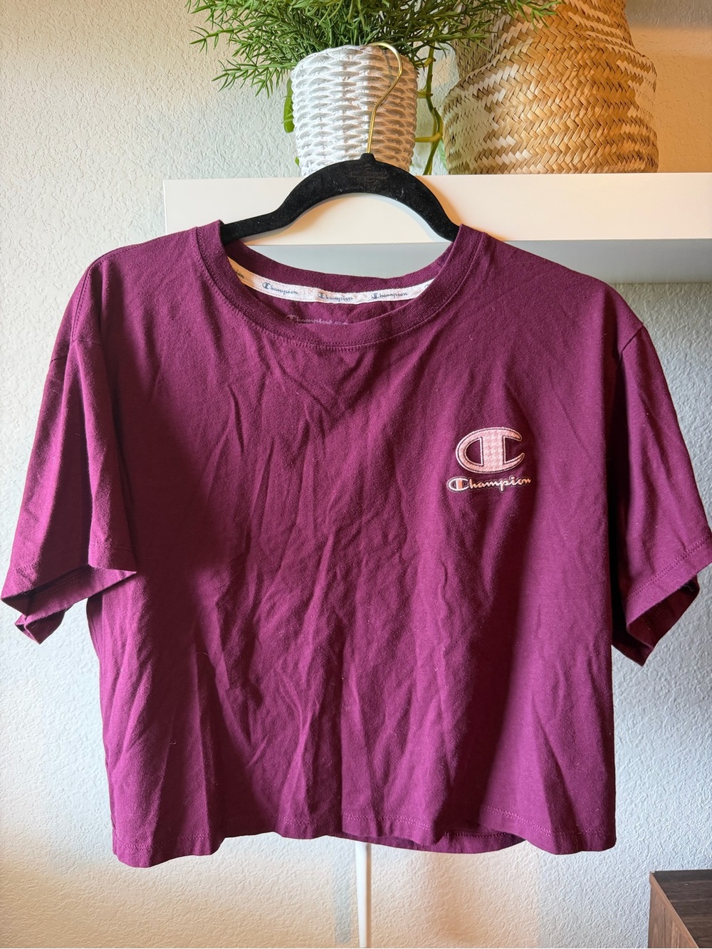 Champion Cropped Tee in Burgundy with Embroidered Logo